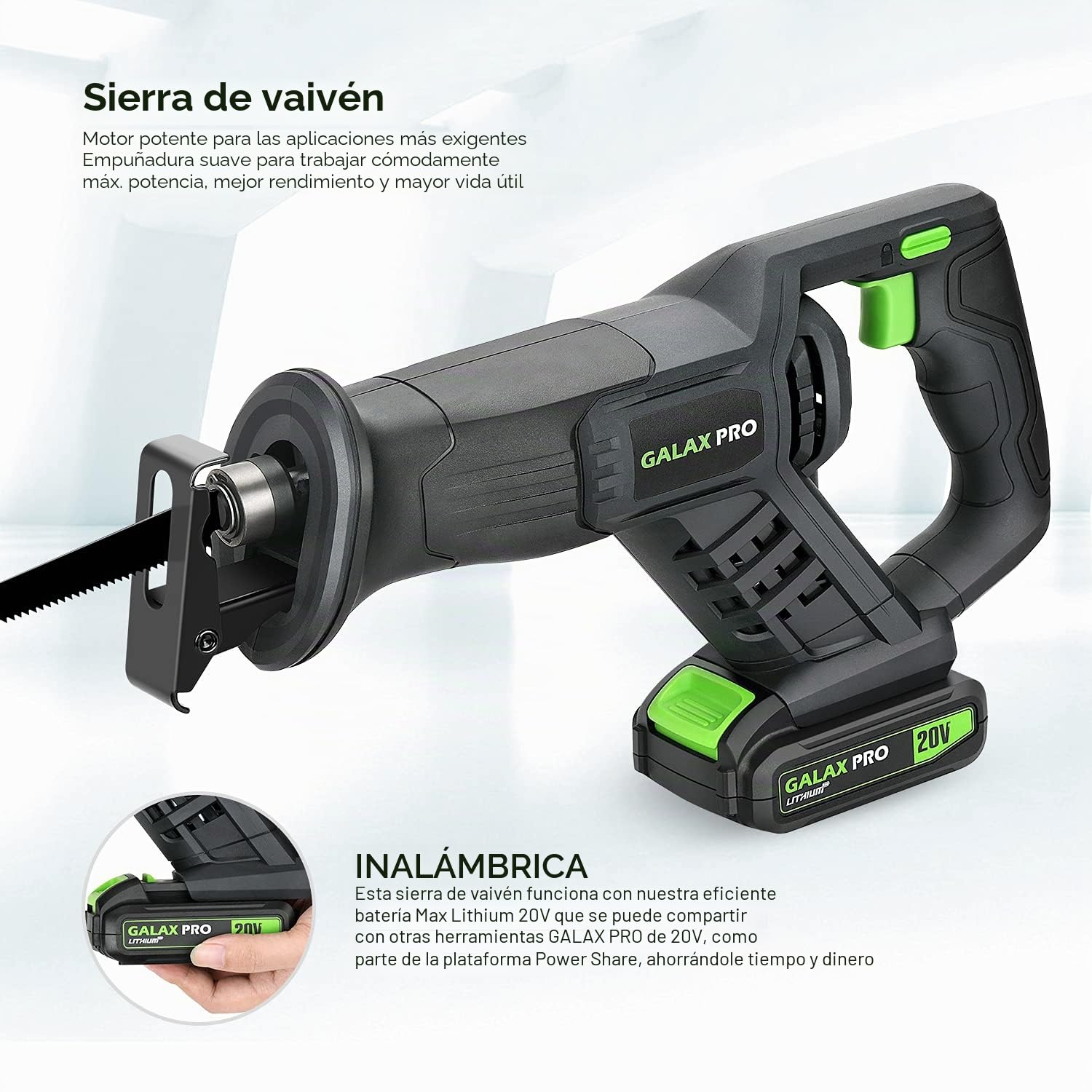 GALAX PRO Sierra Sable Bateria 20V con Cargador,3000 SPM Sierra Sable con 3 hojas de sierra para madera, 2 hojas de sierra para metal, longitud de carrera de 22 mm,Ideal para Cortar Madera y Metal