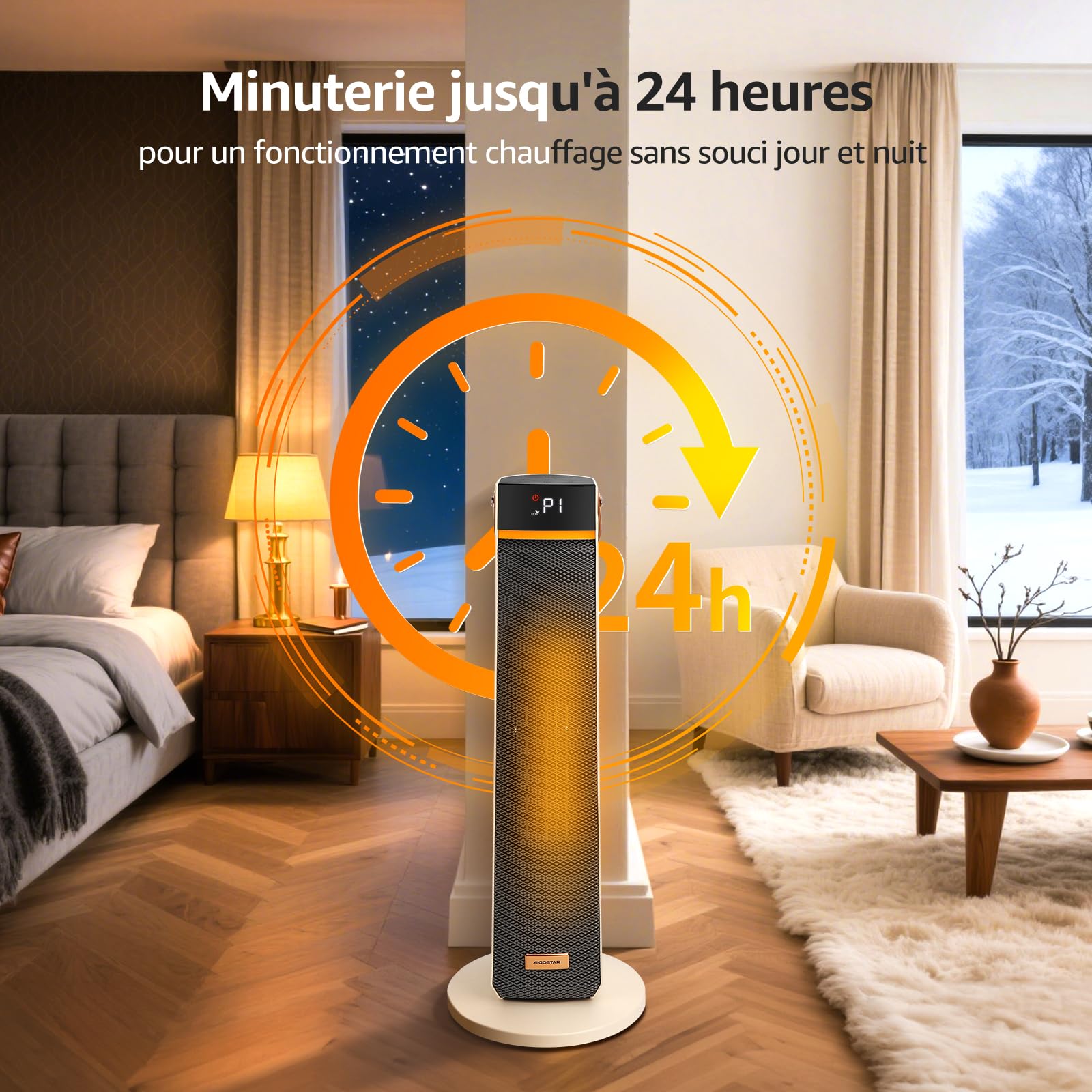 Aigostar Chauffage d'Appoint Économique, Radiateur Soufflant Électrique Programmable PTC 2000W, 4 Modes Chauffant, Minuterie 24H, Température Ajustable 5-35°C, Silencieux avec Télécommande