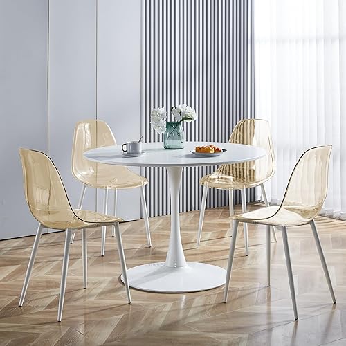 Miniatura 8 de Juego de 4 sillas de comedor transparentes, sillas de plástico acrílico con patas blancas de metal, sillas de cocina modernas de estilo fantasma,