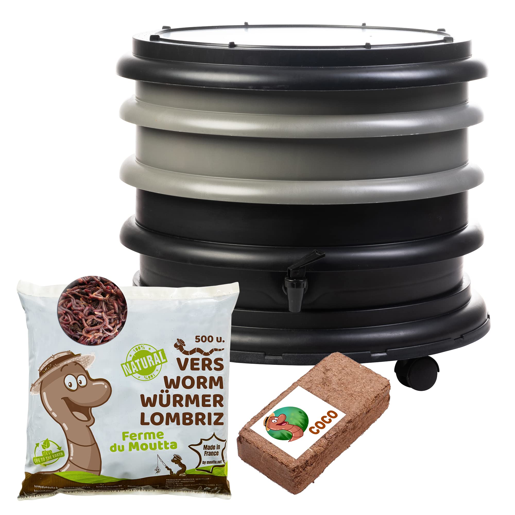 WORMbox | Wormery Worm Farm composter 2 Grey Trays + 250gr of Compost Worms / 500 ctn + 1 Coco | 32 liters | Organic Waste Compost, make your Worm Castings