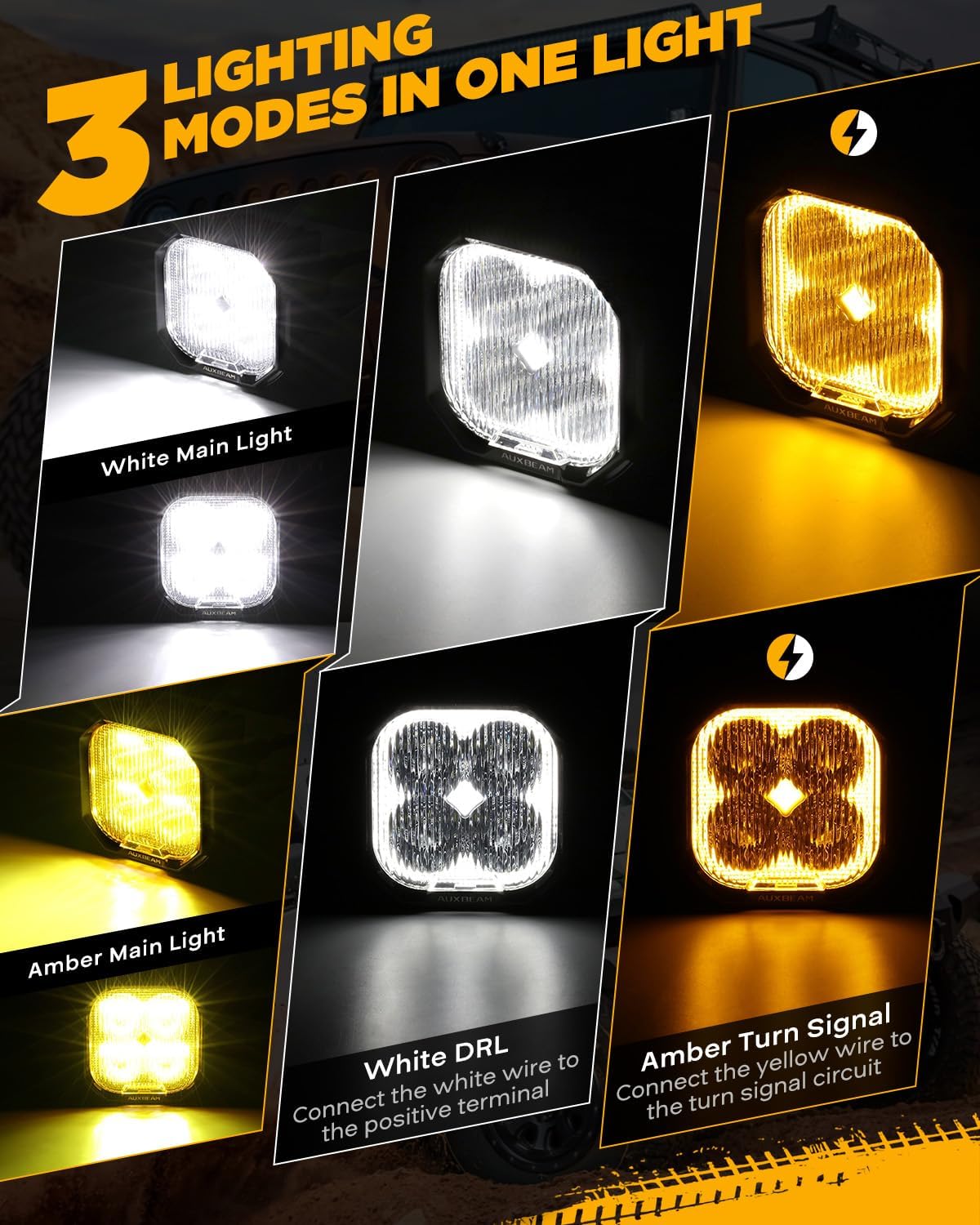 Auxbeam Color Play Series Fog Beam LED Pod Lights, 120° Wide Pattern Amber White Offroad Light Bar, 3 Inch 100W Driving Ditch Lights with DRL & Turn Signal Function, Pair