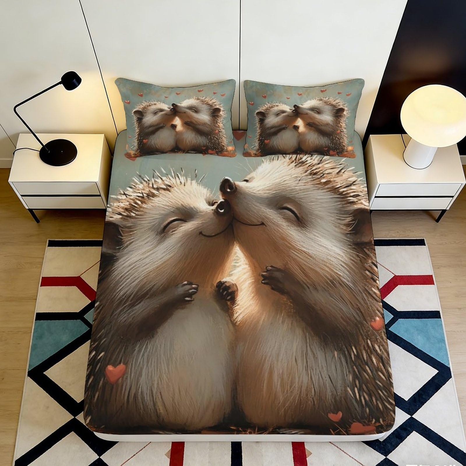 3D Printed Hedgehog Lovers Fitted Sheet Microfiber Soft Breathable Cute Animal Mattress Cover for Bedroom Dorm Mattress Protection Decor 160x200x25cm