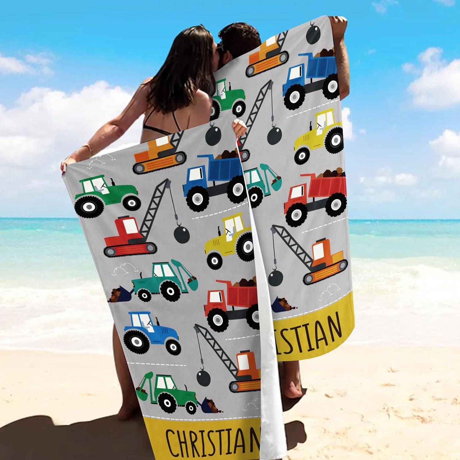 Personalized Beach Towel for Kids - Quick Dry Construction Car Towel for Boy with Custom Name - Perfect for The Beach or Swimming Pool(35" x 70")