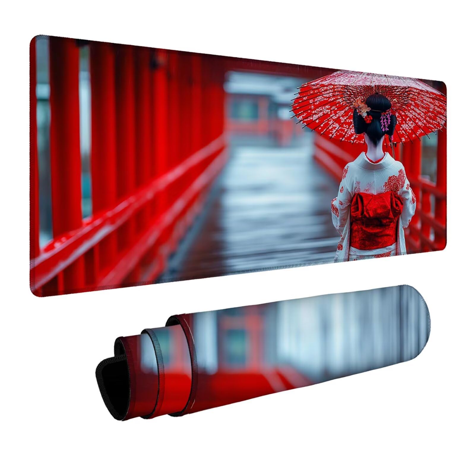 Podkładka pod mysz dla graczy, japońska gejsza XXL, 100 x 50 x 0,3 cm, wodoodporna, podkładka na biurko, szyte krawędzie, antypoślizgowa, gumowa podstawa, podkładka pod mysz dla graczy, FSBD-7682