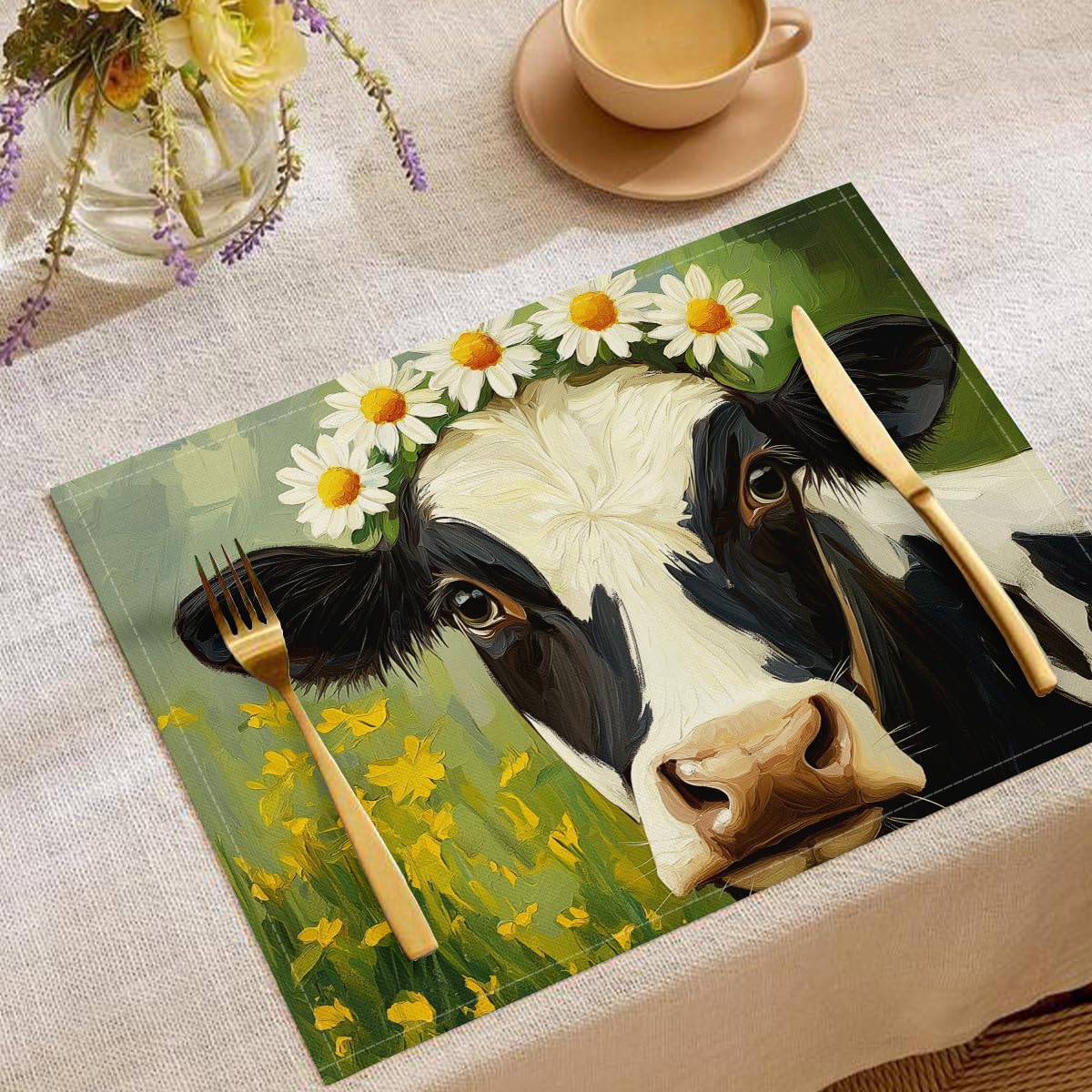 Sets de table enfant vache et marguerite pour repas de vacances en fête
