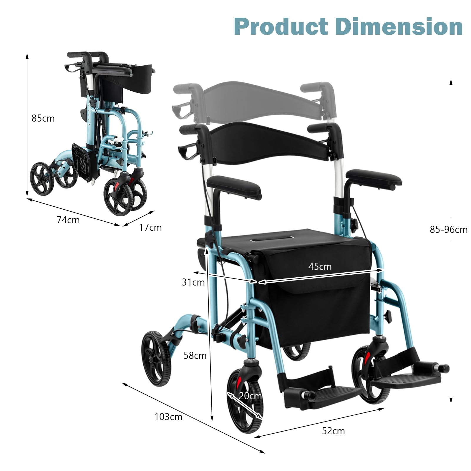 HOMASIS 2 in 1 Rollstuhl Rollator faltbar & leicht mit Sitz, Gehhilfe 6-fach höhenverstellbar, Alu Gehwagen bis 136kg, Reiserollator mit Stockhalter Tasche & Bremse, Laufhilfe für Senioren (Blau)