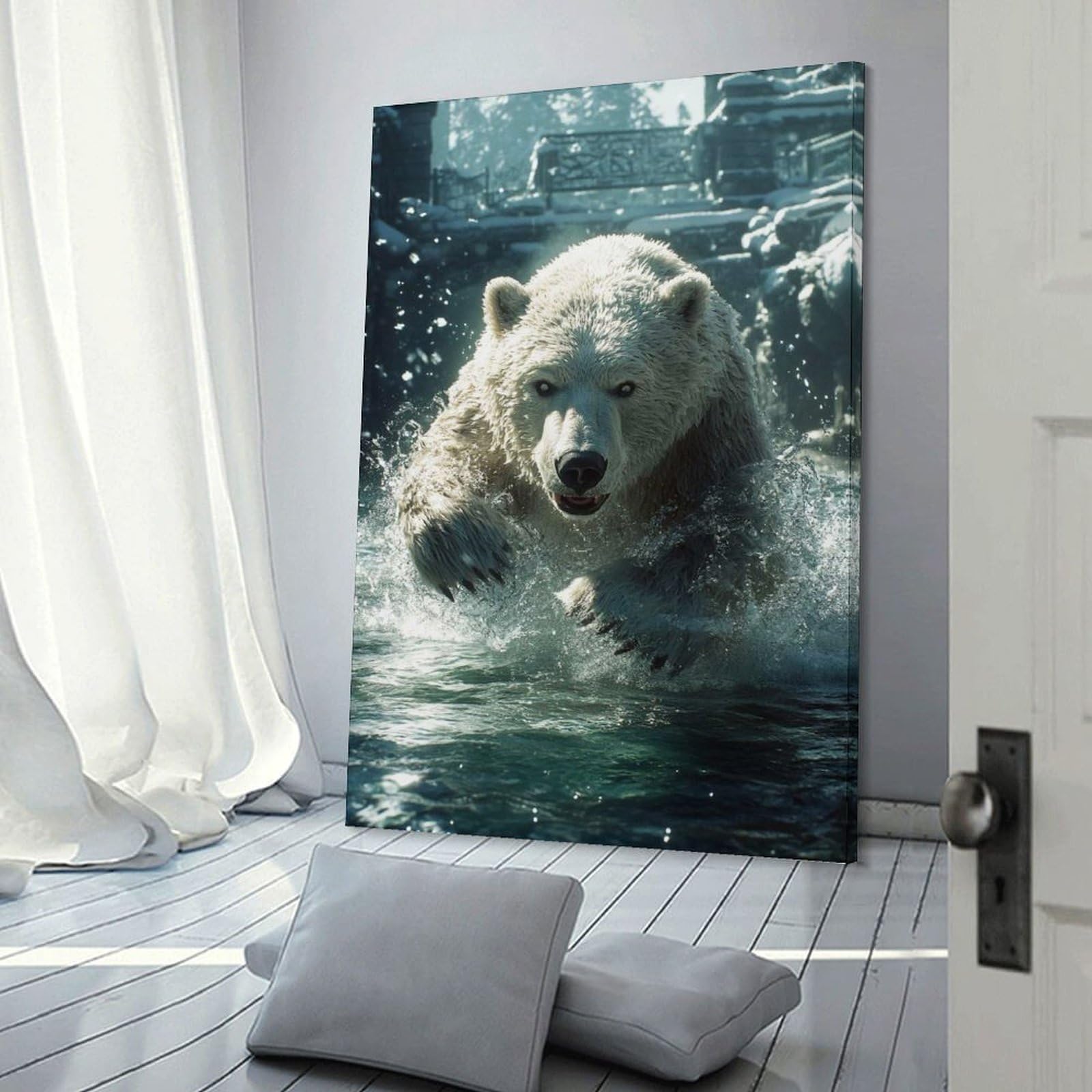 Junmoney Frame-Style-7 Canvas Wall Art Polar Bear Leaping From Water, 20X30inch(50X75cm), For Lounge, Study, Hallway Or Flat Walls, Canvas Wall Art That Fits Changing Layouts