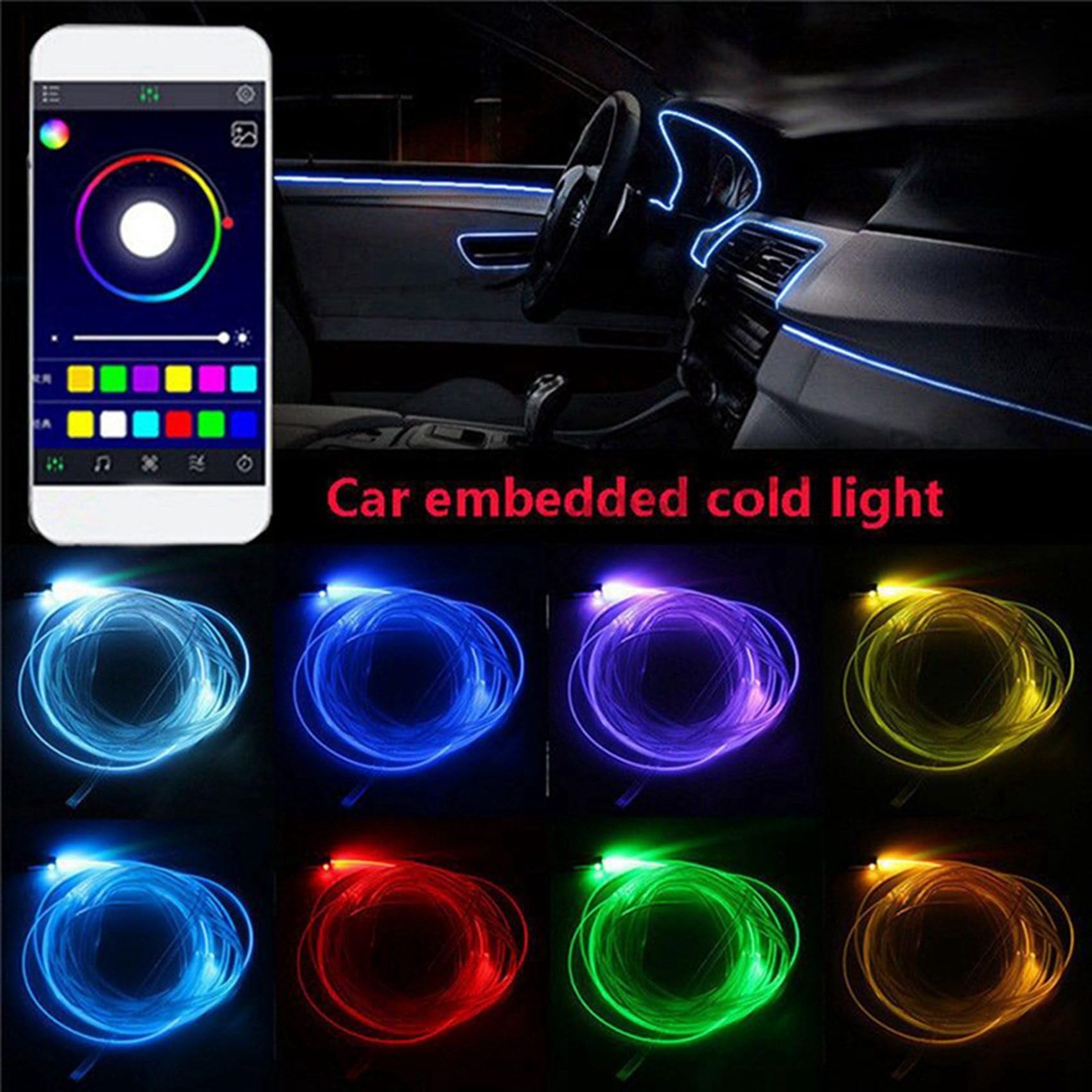 2X 6 en 1 RGB LED Luz de Atmósfera del Coche Luz Ambiental Interior Tiras de Fibra óptica Luz por App Control Música DIY 8M Fibra