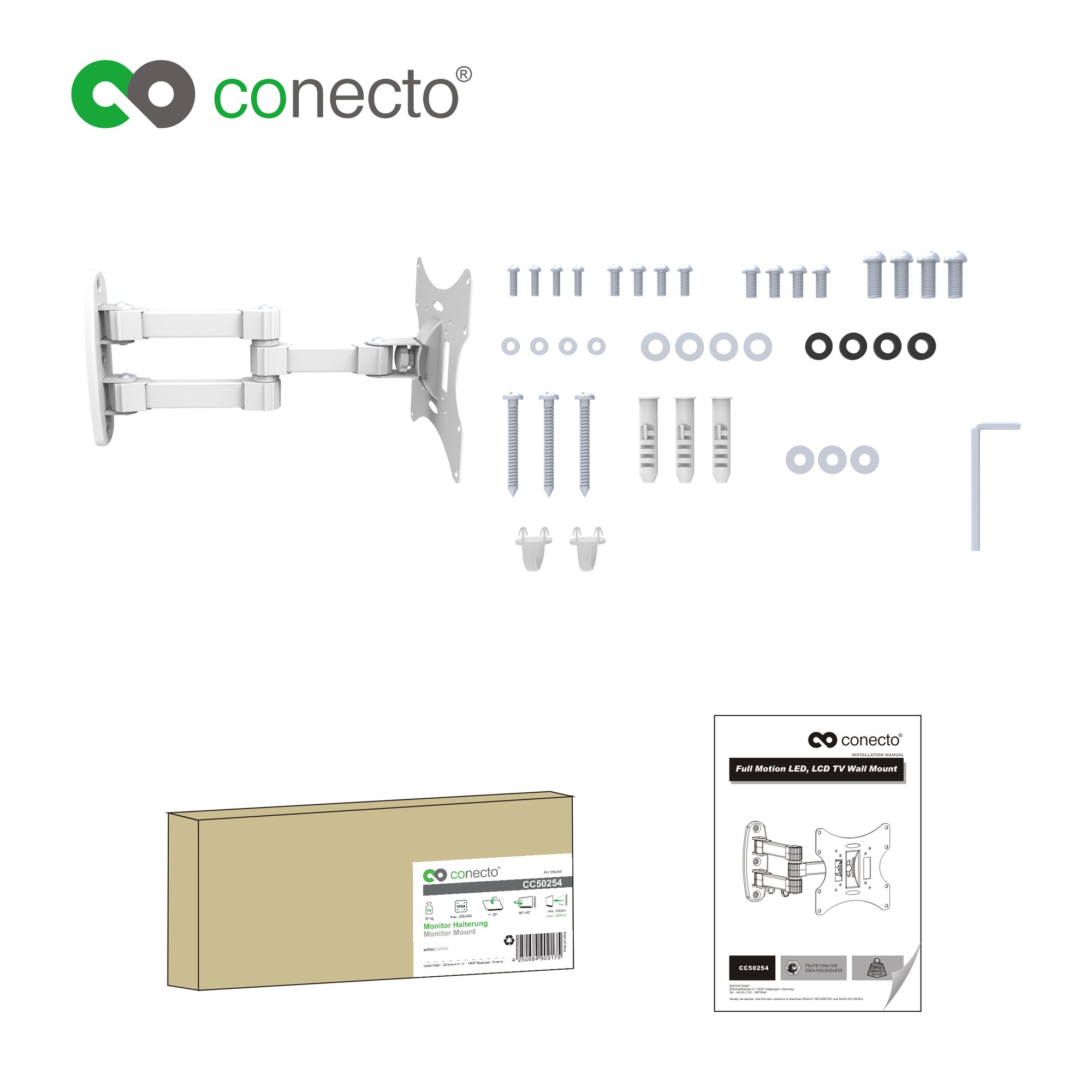 conecto supporto a parete per dispositivi TV/monitor con 58-107 cm (23-42"), VESA 200x200, inclinabile: +/-20°, girevole: +/-90°, distanza parete: 10-39,3 cm, carico max: 30 kg, bianco