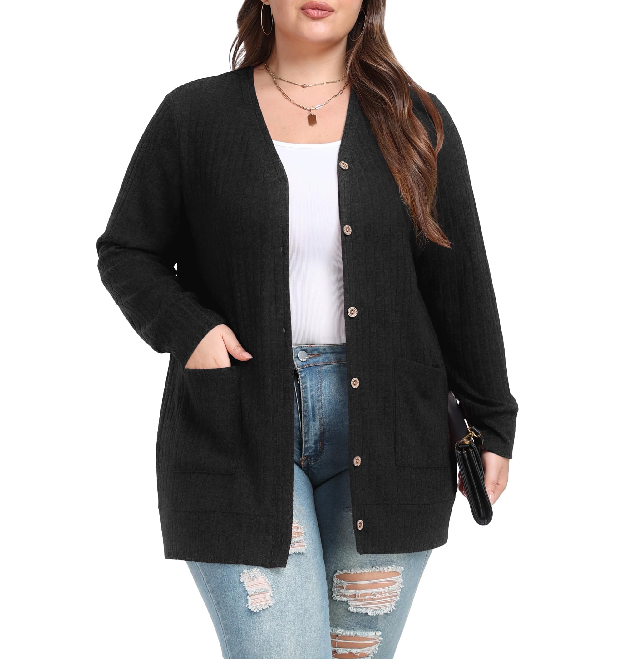 OLRIKWomen Plus Size Cardigan Open Front Button Down Sweater Lightweight Jacket with Pockets Fall Winter Outfits