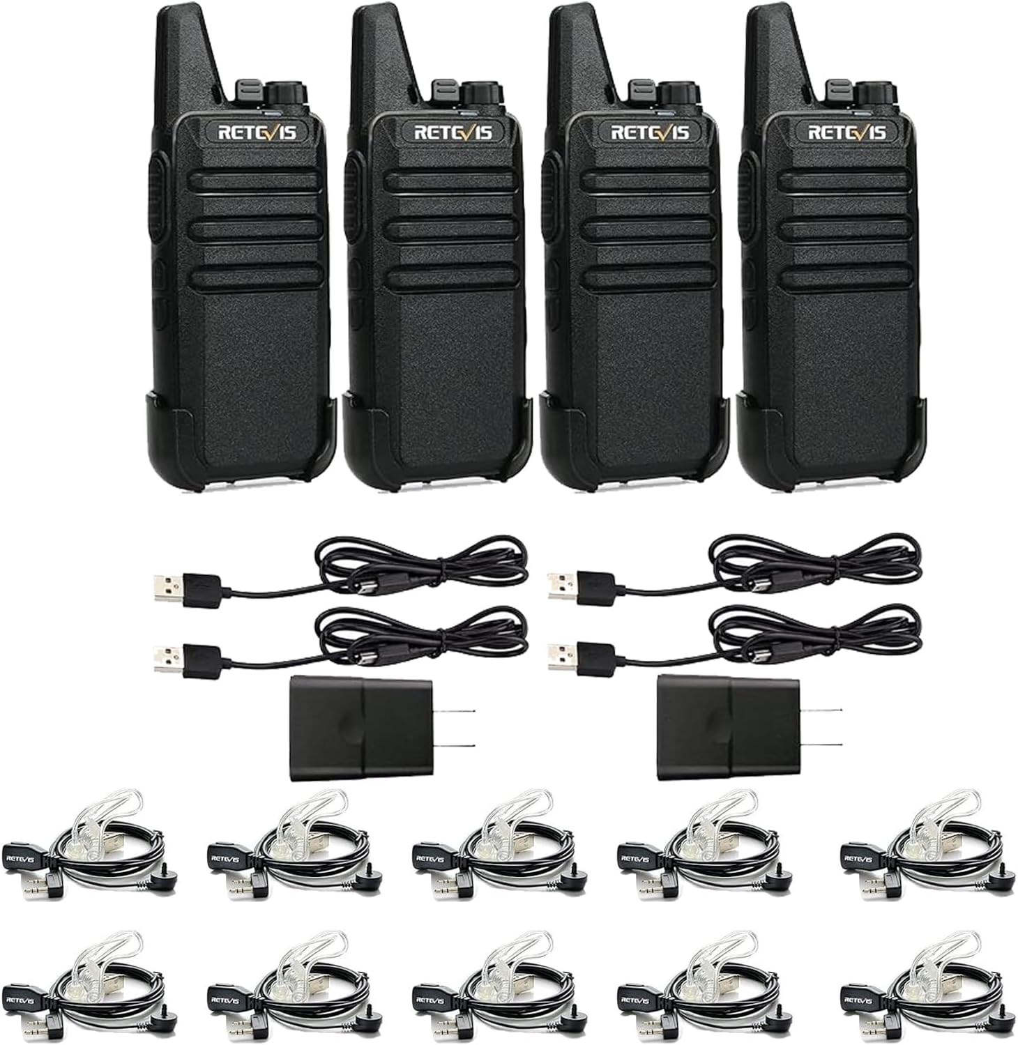 Retevis RT22 Two Way Radio(4 Pack) with Walkie Talkies Earpiece with Mic(10 Pack), Portable 2 Way Radio, USB Charging, Handsfree Walkie Talkies for Adults Cruise Hiking Hunting Skiing