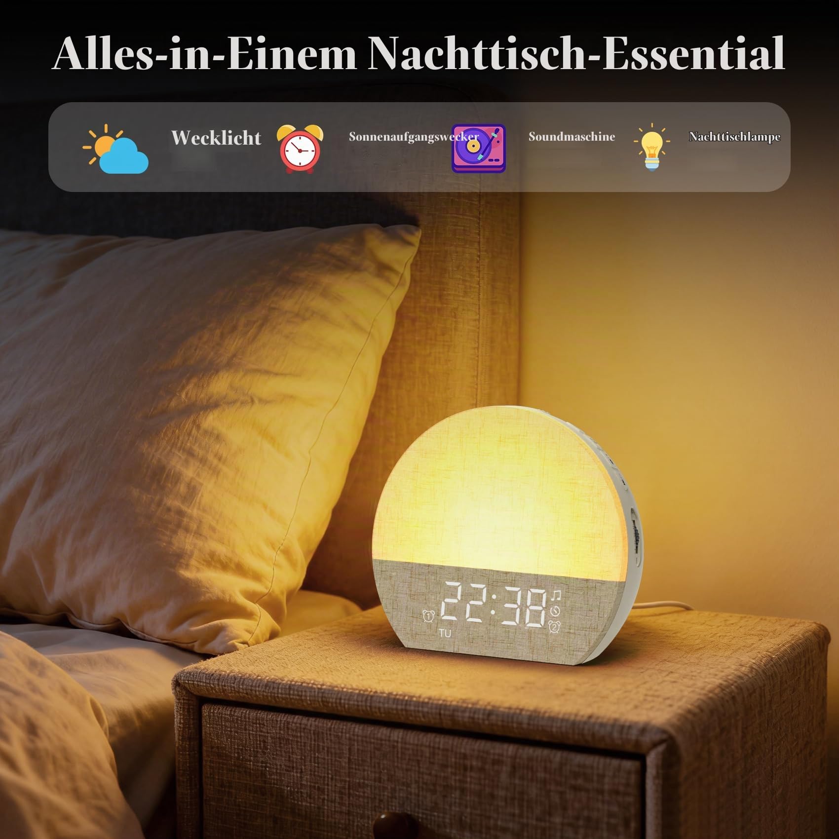 KEPLUG Tageslichtwecker mit Sonnenaufgang,Doppel Wecker & 30 Klängen | Doppelalarm Einstellbare Lautstärke 0–100 % dimmbares Nachtlicht Einschlafhilfe Schlafzimmer Kinder Erwachsene Timer