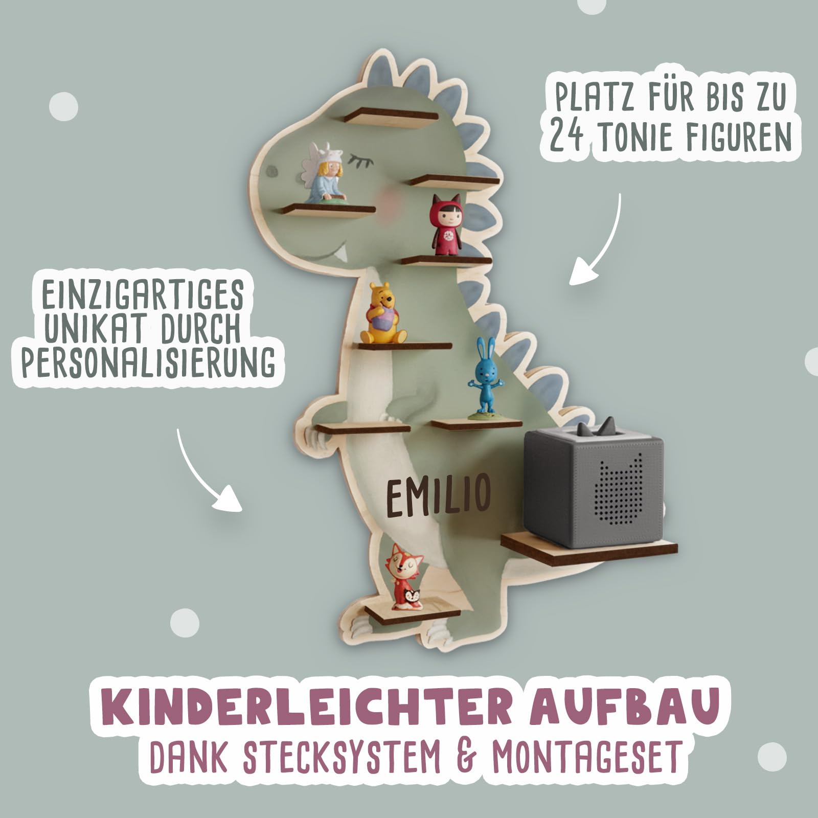 hellomini Personalisiertes Tonie Regal Jungen - Toniebox Regal mit Wunschnamen fürs Kinderzimmer - Regal Jungen- Toniebox Aufbewahrung - Tonies Zubehör (Dino Druck)