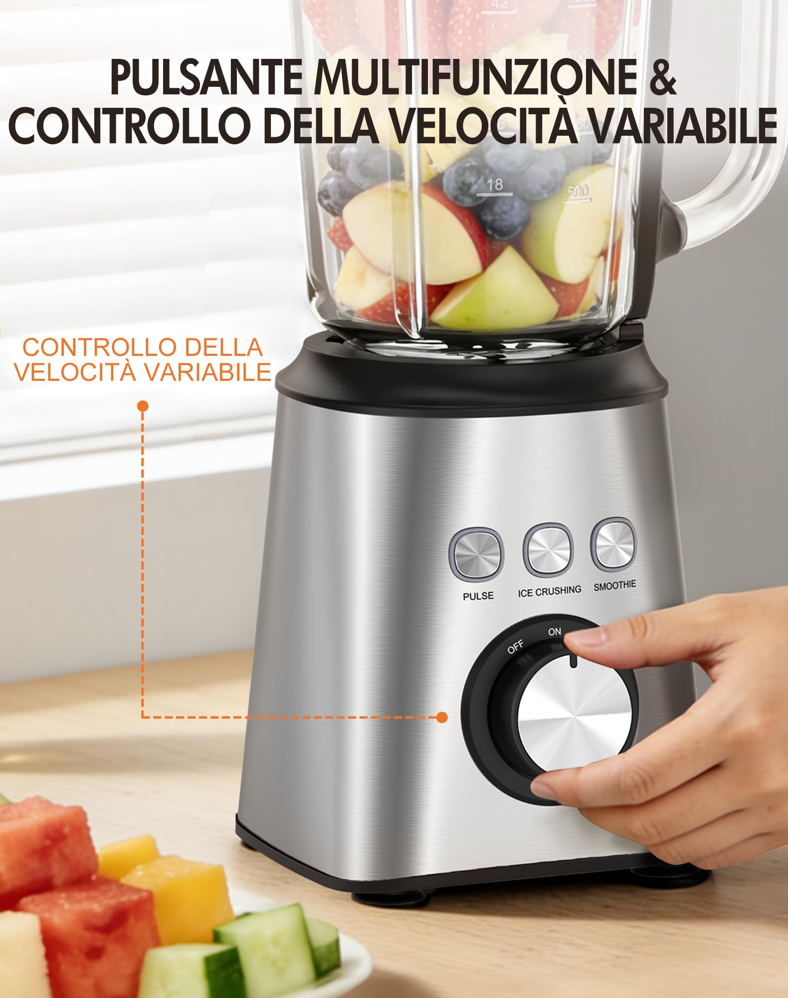 Frullatore Elettrico 1000W, Mixer Cucina con Bicchiere Vetro 1.5L + 600ml Bottiglie, Velocità Infinita, 24000 RPM, per Frullati, Succhi, Smoothie, Tritaghiaccio, Inossidabile (Argento)