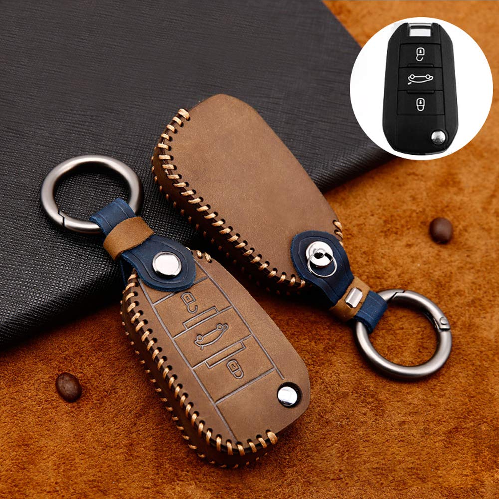 ontto Cuero Funda Carcasa Protectora para Llave de Coche para Peugeot 208 308 2008 3008 508 Citroen DS3 DS4 DS5 DS6 C4 Picasso con Llavero Case Cubierta Remoto Mando Coche 3 Botones-