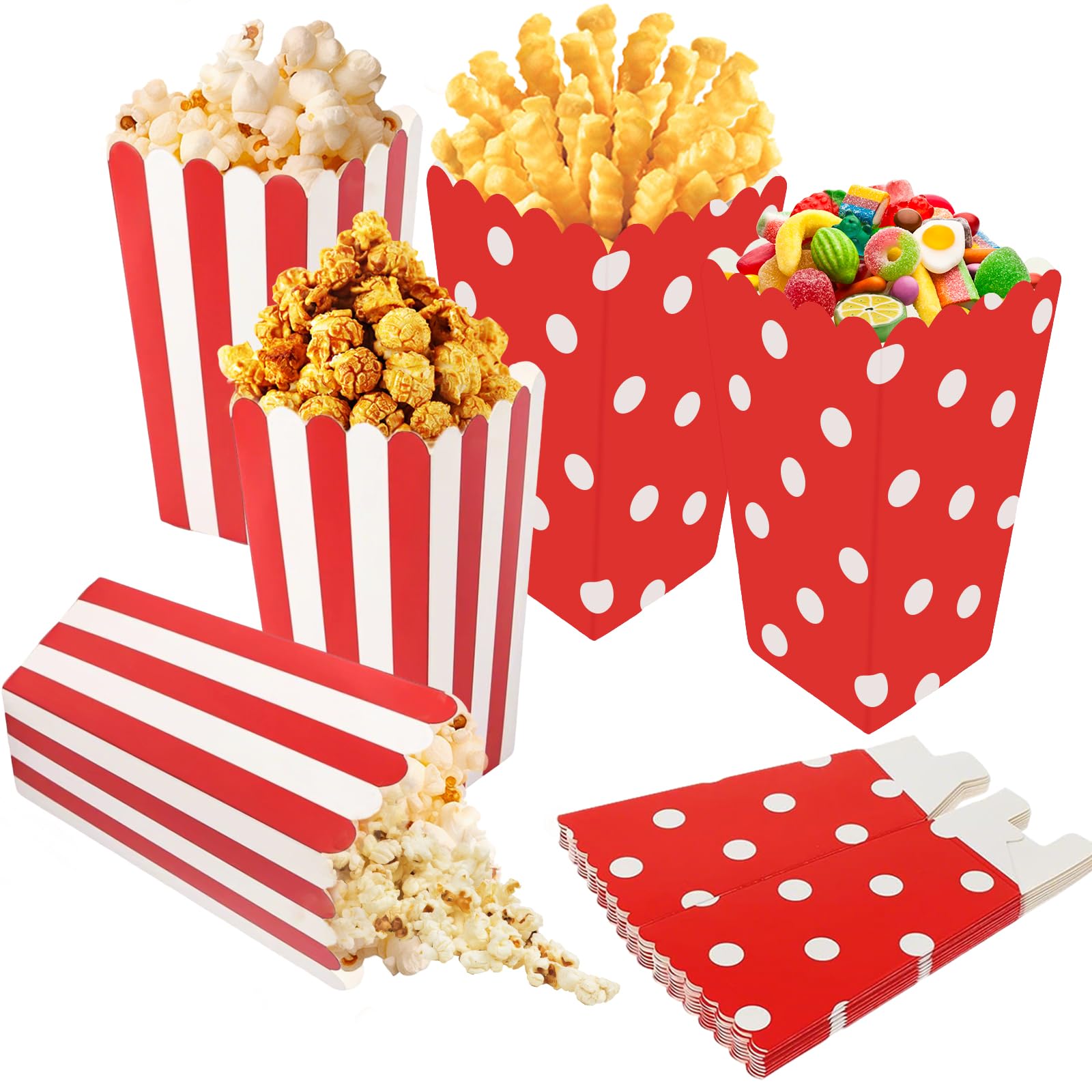 40Stück Rot Popcorn Tüten Klein Popcorntüten Mini Popcorn Tüten Candybar | Streifen Punkten Papiertüten Box Becher Popcorn Eimer Papier Plätzchentüten Weihnachten Süßigkeiten Candy Bar Zubehör Party