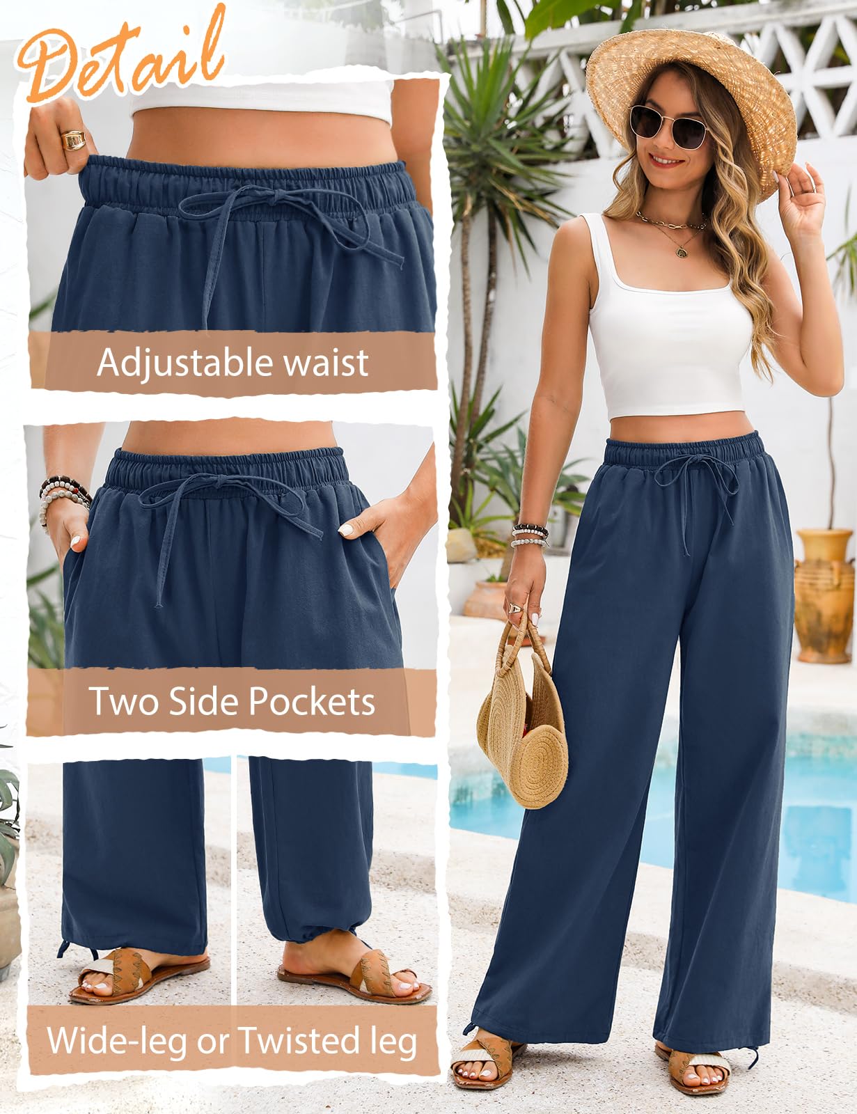 Niwicee Pantalon Fluide Femme Été Pantalon Femme Coton Décontracté avec Cordon Elegant avec Poches Pantalon Droit à Jambes Larges Printemps Pants