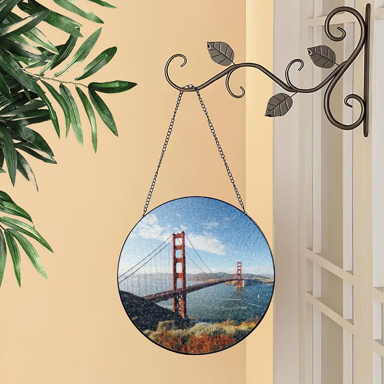 Stained Glass Window Hanging 10in Window Suncatcher Glass Panel with Metal Chain San Francisco Golden Gate Bridge Sun Catchers Wall Art Home Decor Gift for Women Mother's Day