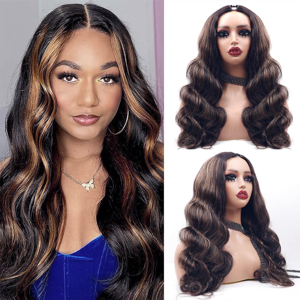 Xagujpo #FB30 Ombre Brown Body Wave V Part Wigs Human Hair Upgrade U Part Human Hair Wigs for Black Women Balayage Highlight Glueless U Part Wig No