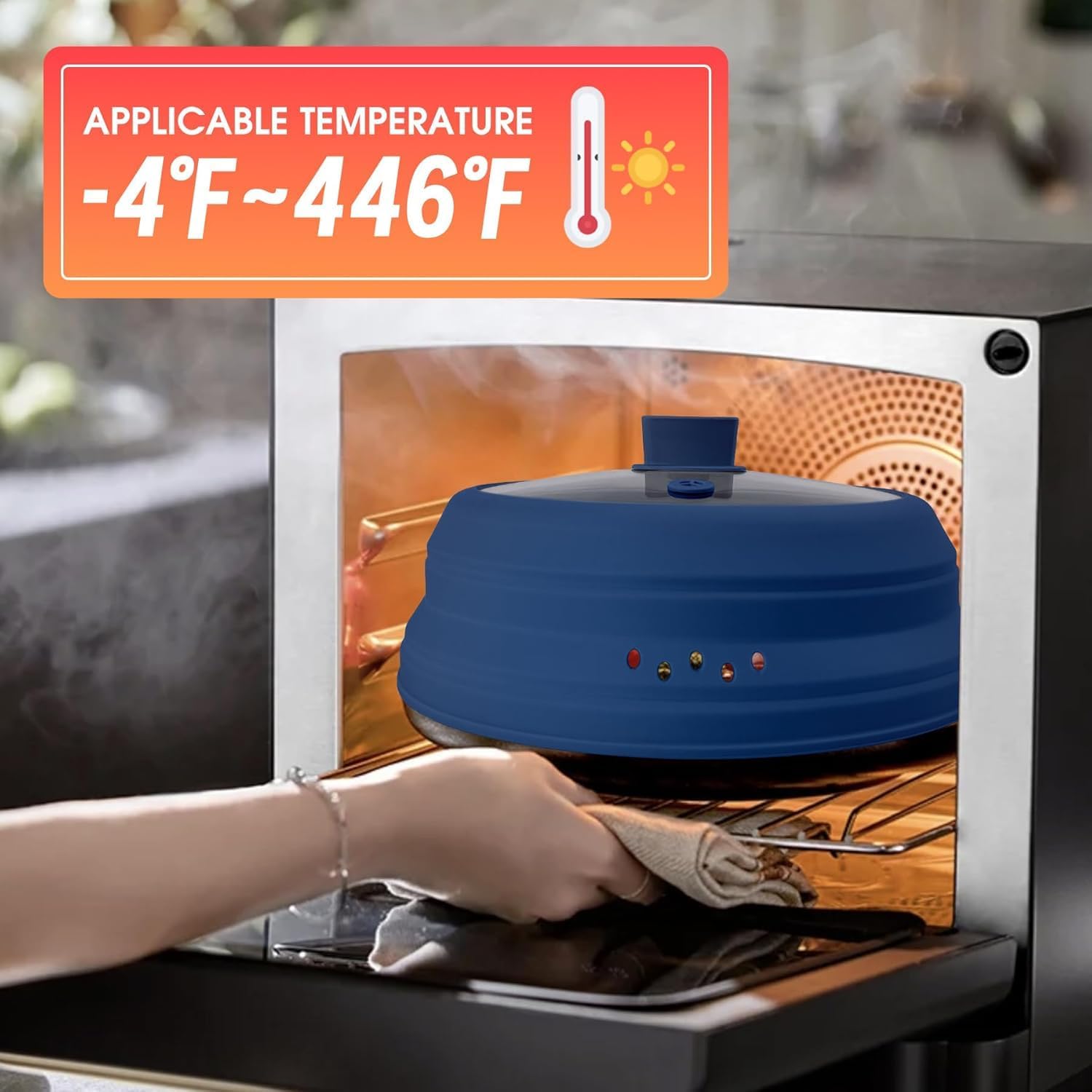 Microwave Splatter Cover Glass Microwave Cover for Food Collapsible Splatter Guard Lid with Silicone Handle for Pot Plate Bowl 9.8 Inch Blue