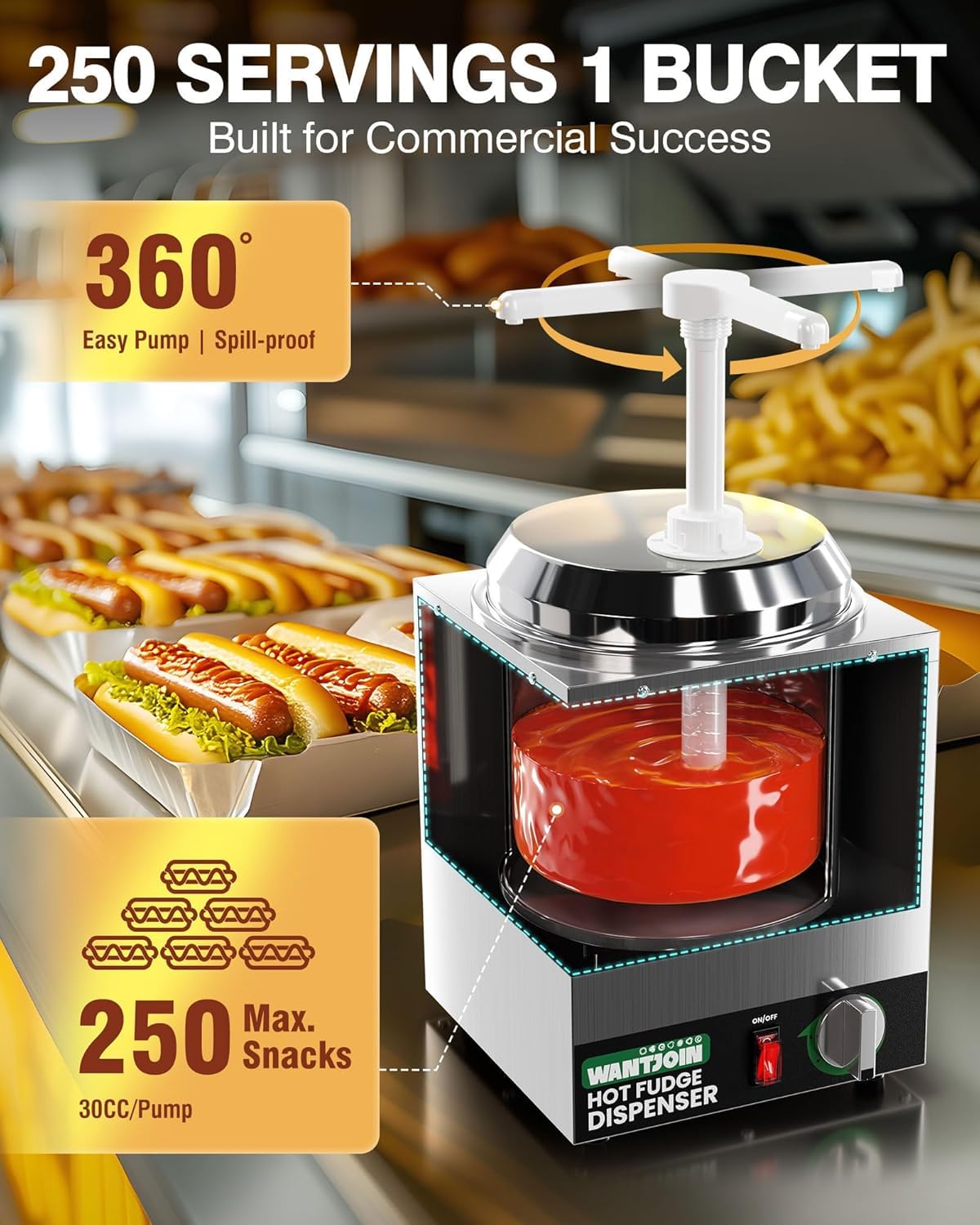 WantJoin Dispensador de queso Nacho con bomba, calentador de queso de acero inoxidable de 2,8 qt con 5 niveles de control de temperatura, dispensador comercial para jarabe de chocolate, salsa de queso