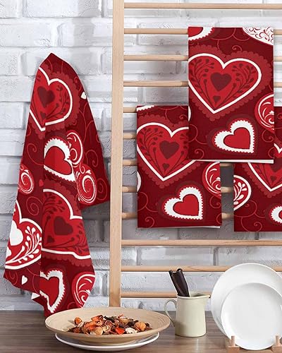 Miniatura 2 de Millxiu Waffle Weave Kitchen Tea Towel Set of 2, Valentine's Day Red Love Heart 16" x 24" Quick Dry Cloth Dish Towels for Living Room Kitchen Home