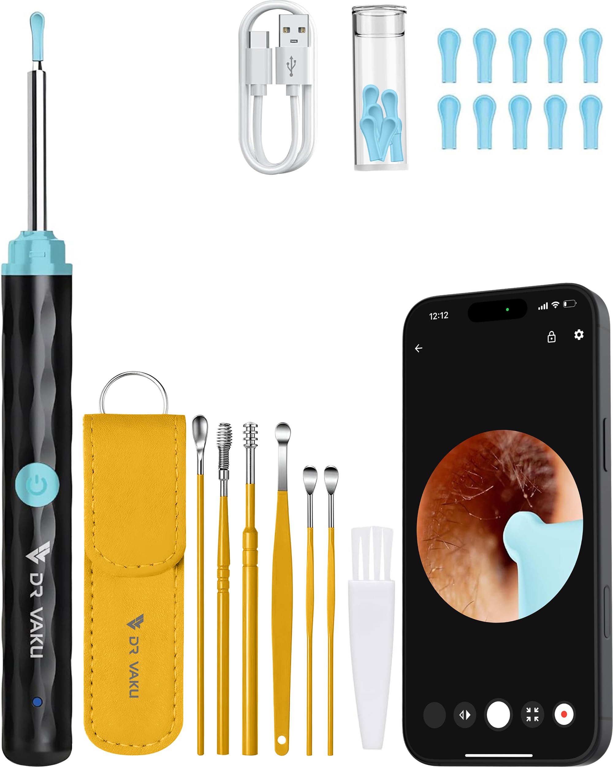 dr vaku® earocam ear cleaner earwax removal tool with extra cleaning kit (set of 7) hd camera wifi connection & 6 led lights endoscope tool + 11 silicone tips free & storage case-black/yellow