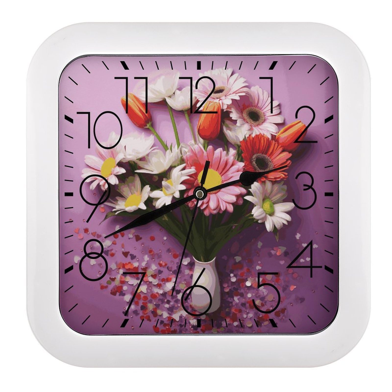 Horloge murale carrée motif fleurs fraîches en plastique 25 cm