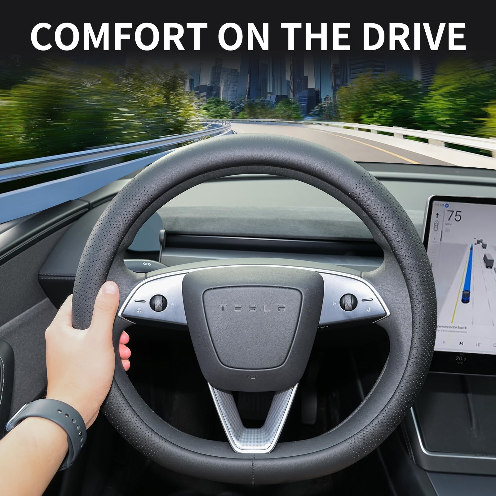 Nappa Leather Steering Wheel Cover for Tesla Model 3/Y 2016-2025 2026 Juniper/Highland, Non-Slip Breathable Tesla Model 3/Y Steering Wheel Protector, Black