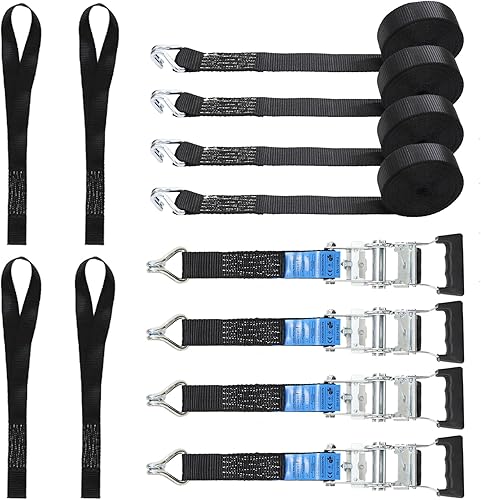 Correas de trinquete, juego de correas de amarre resistentes, 4400 libras, resistencia a la rotura de 1.5 pulgadas x 20 pies, correas de carga