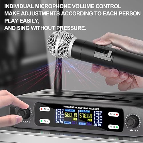 Miniatura 2 de Depusheng Sistema de micrófono inalámbrico, VHF fijo de doble frecuencia inalámbrico con 2 transmisores dinámicos de mano, juego de micrófono