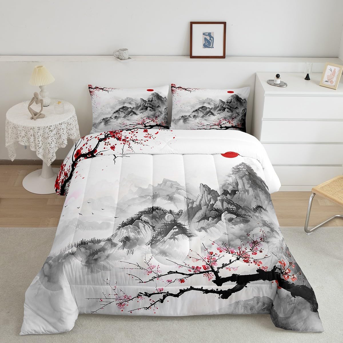 Feelyou Cherry Blossoms Comforter Set Queen Size Kids Japanese Ukiyoe Comforter for Boys Girls Teens Red Sun Fuji Mountain Home Decor Bedding Set Japanese-Style Duvet Set