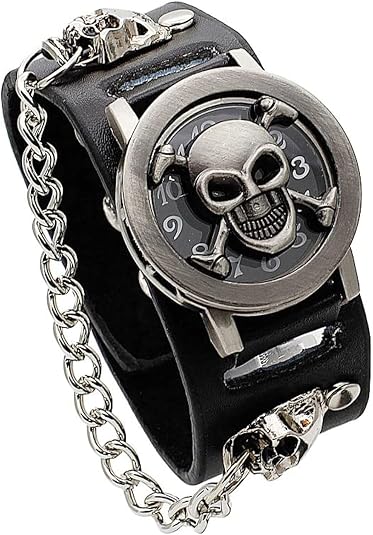 Punk Skull Men's Wrist Watch&Women's Watch,Skull Flip Cover Watch,Skull Ornament+Chain Elements,Fashion for Cosplay Lovers