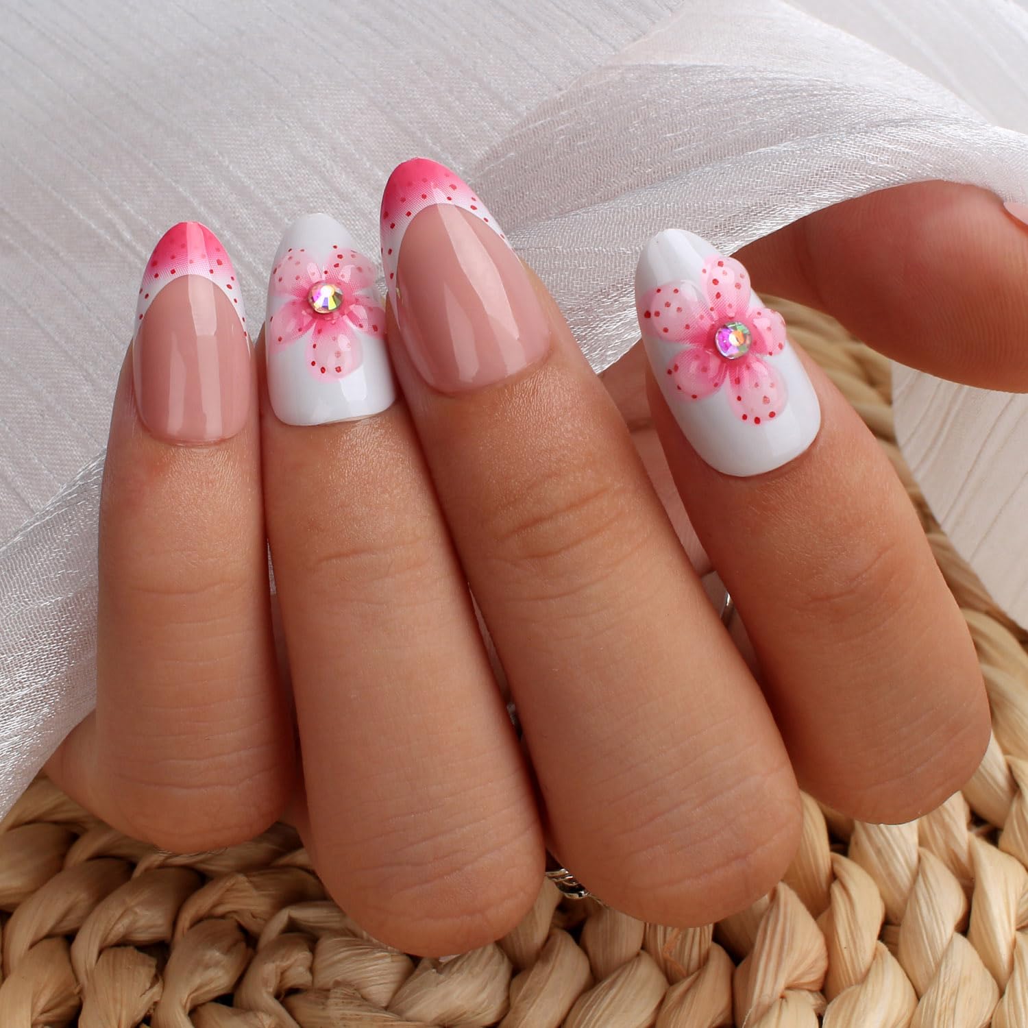 Mivota 3D Flower Press On Nails Short Almond – 24PCS Pink French Fake Nails with Rhinestones, Glossy White Acrylic Stick On Nails with Glue Kit,