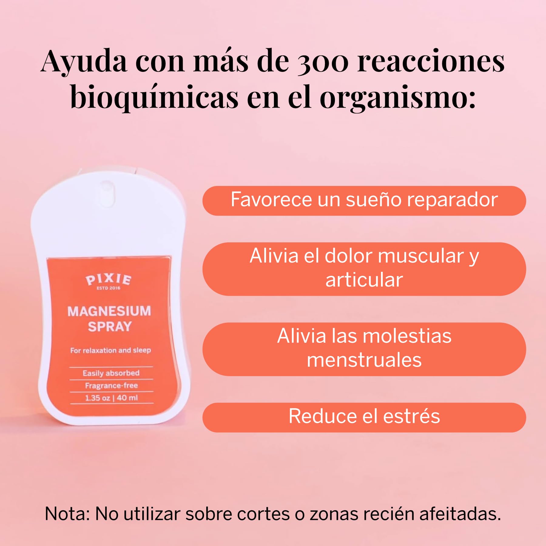 Pixie Spray de Magnesio Puro 40 ml – USP Grade – Alivio Tópico Rápido para Dolores, Sueño y Molestias Menstruales – Tamaño Viaje, No Tóxico