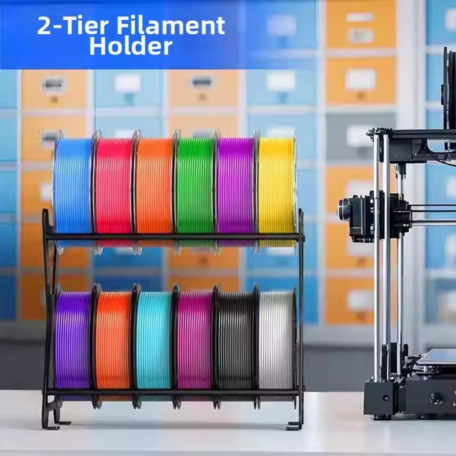X-Form Doppelschicht Filamenthalter für 3D Drucker – Robuster Kohlenstoffstahl für ständer für 12 Rollen 1kg Spulen, Platzsparendes Desktop Organizer Rack mit Rutschfesten Füßen, Schwarz