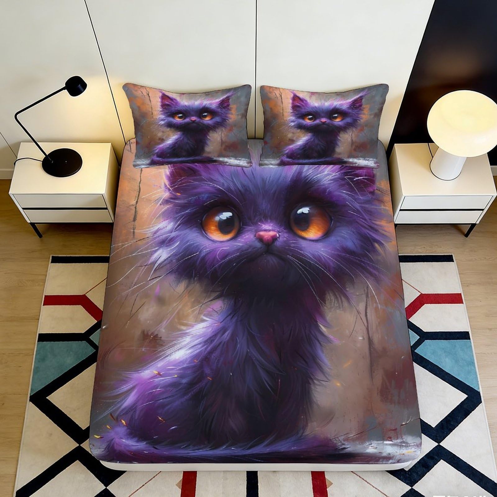 3D Printed Purple Cat Fitted Sheet Microfiber Soft Anti-Slip Cute Kitten Bed Sheet for Bedroom Guest Room Decor 180x200x25cm