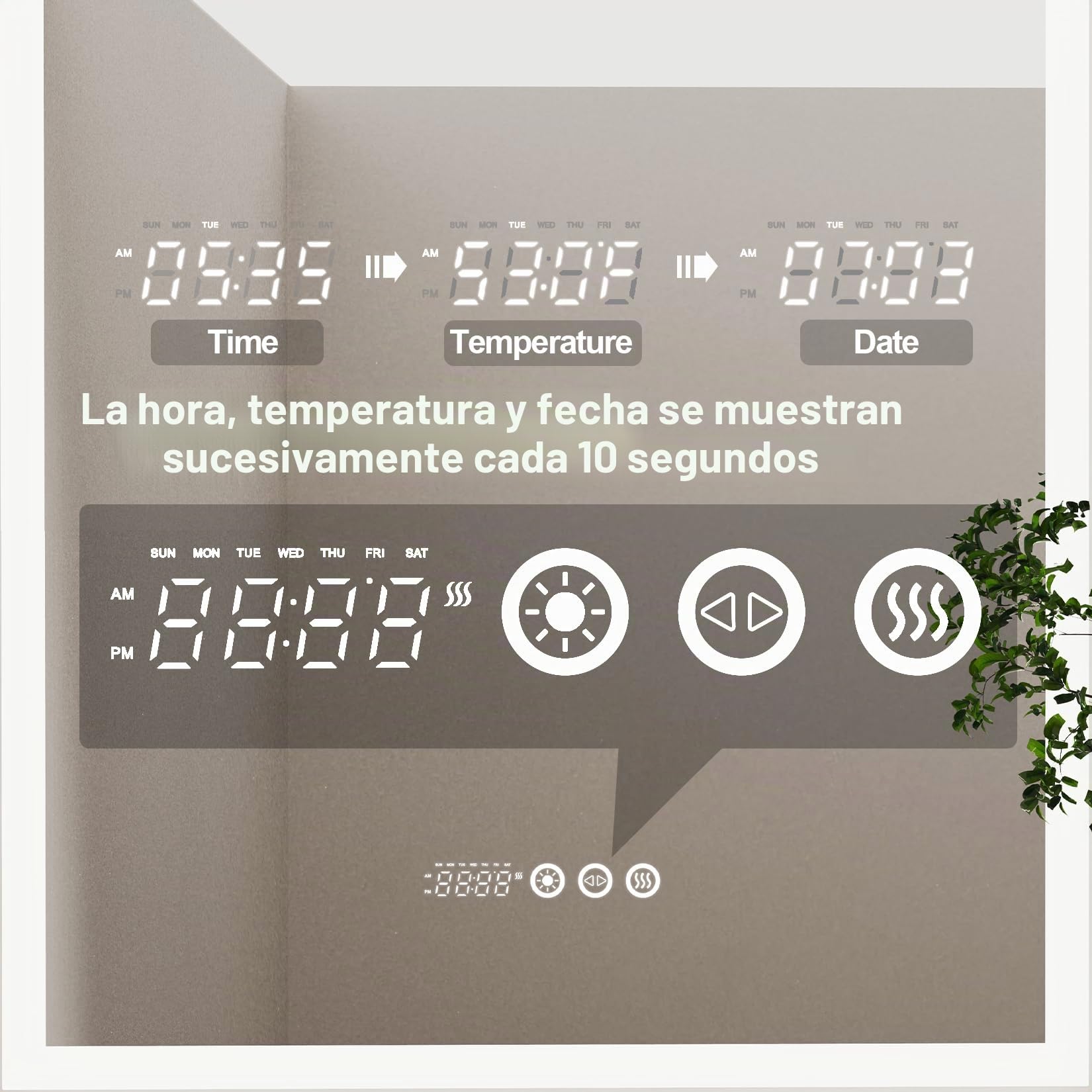LUVODI Espejo de baño con iluminación: espejo de baño Smart LED con 3 interruptores táctiles, reloj, estación meteorológica, sin vaho, espejo de pared, espejo de cuerpo entero, 90 x 60 cm