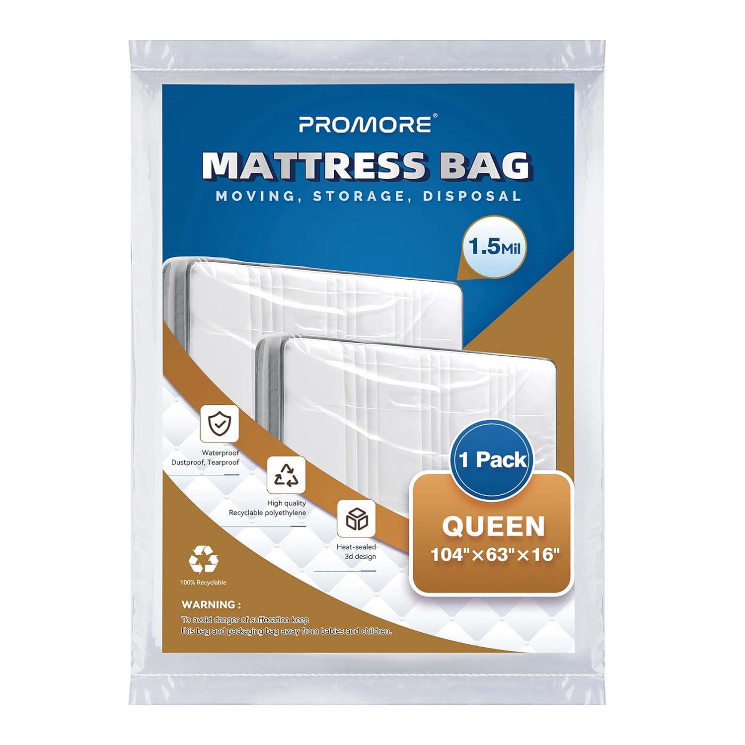 Plastic Mattress Bag for Disposal Moving and Storage Waterproof Mattress Protector Covers - Queen Size 1 5Mil