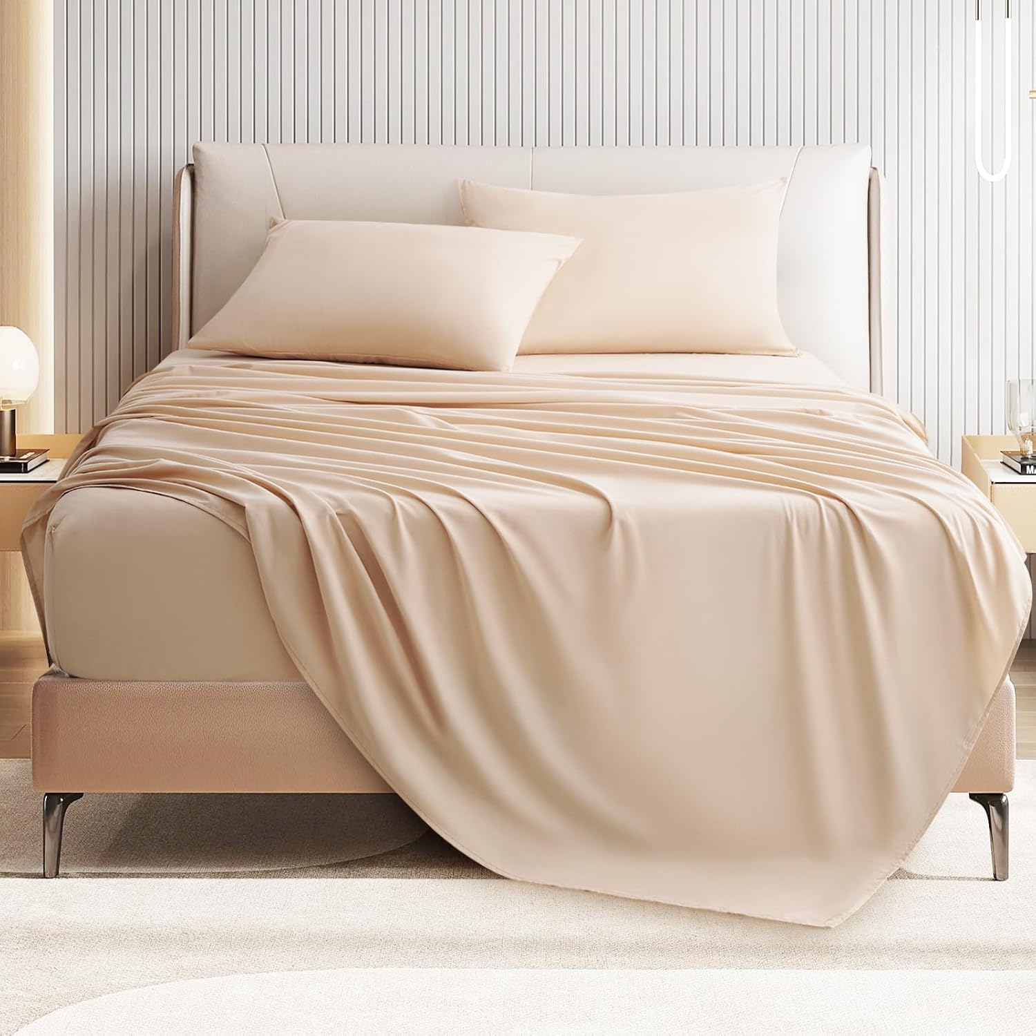 Cal King Size 4 Piece Sheet Set - Comfy Breathable & Cooling Bed Sheets Set, Soft and Wrinkle Free, Deep Pockets, Easy & Secure Fit, Hotel Luxury Bedding for Women, Men - Oeko-Tex - Beige