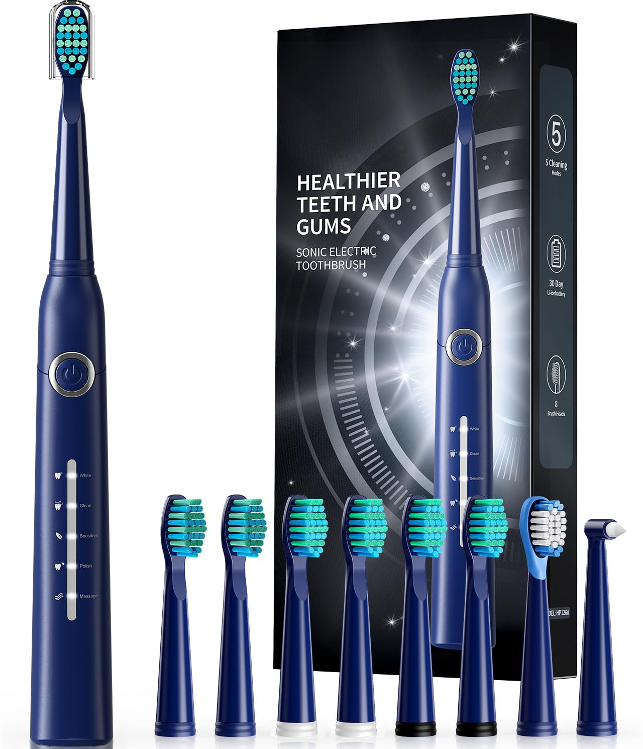 Electric Toothbrush, Sonic Toothbrushes with 8 Brush Heads 40000 VPM 5 Modes, Sonic Toothbrushes Fast Charge 4 Hours Last 30 Days, Rechargeable Toothbrush for Adult Blue