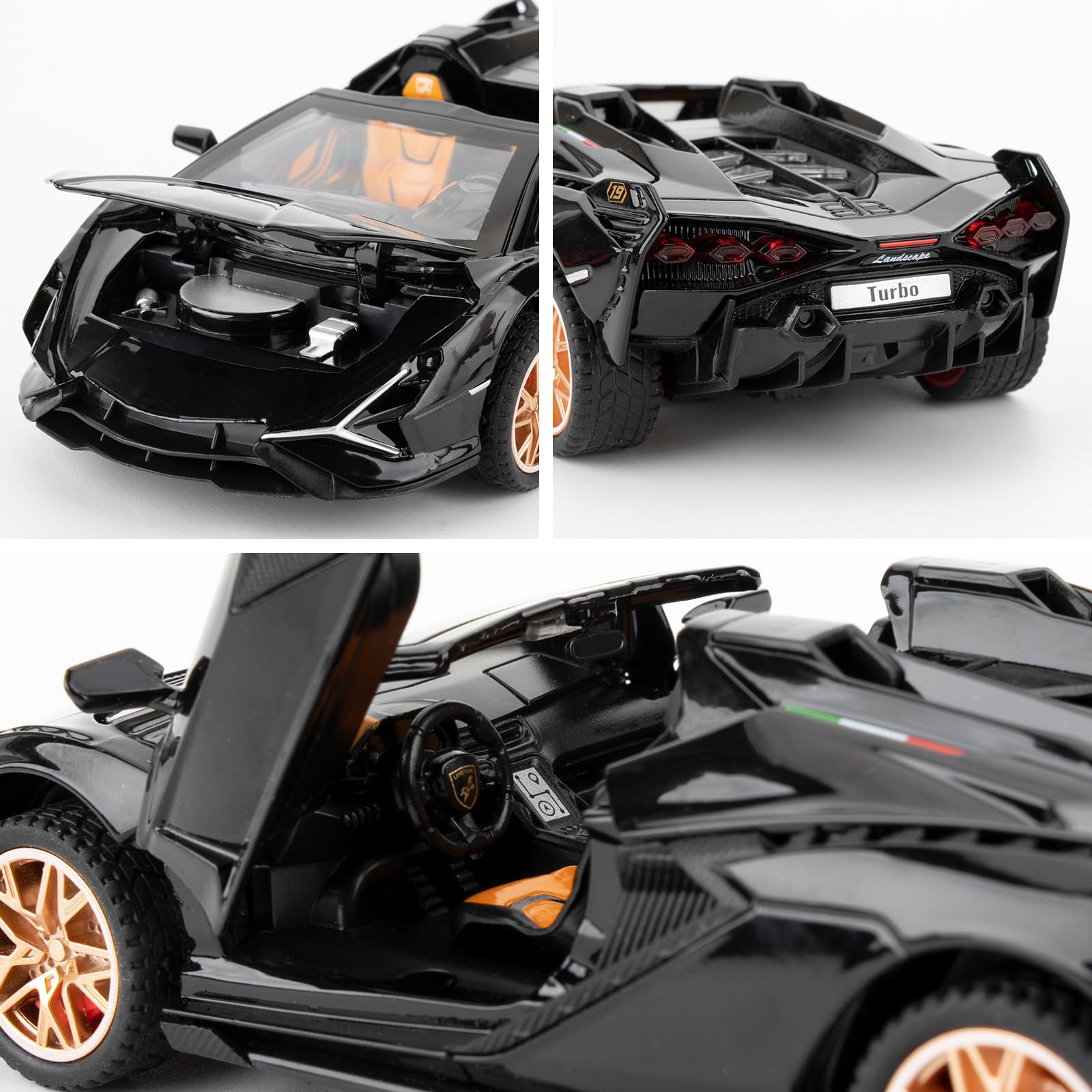 TGRCM-CZ 1/32 Lamborghini Sian Roadster Alloy Car Model, Pullback Toy Car with Sound and Light Functions, Suitable for Collectible Car Models, Children's Gift (Black) 3