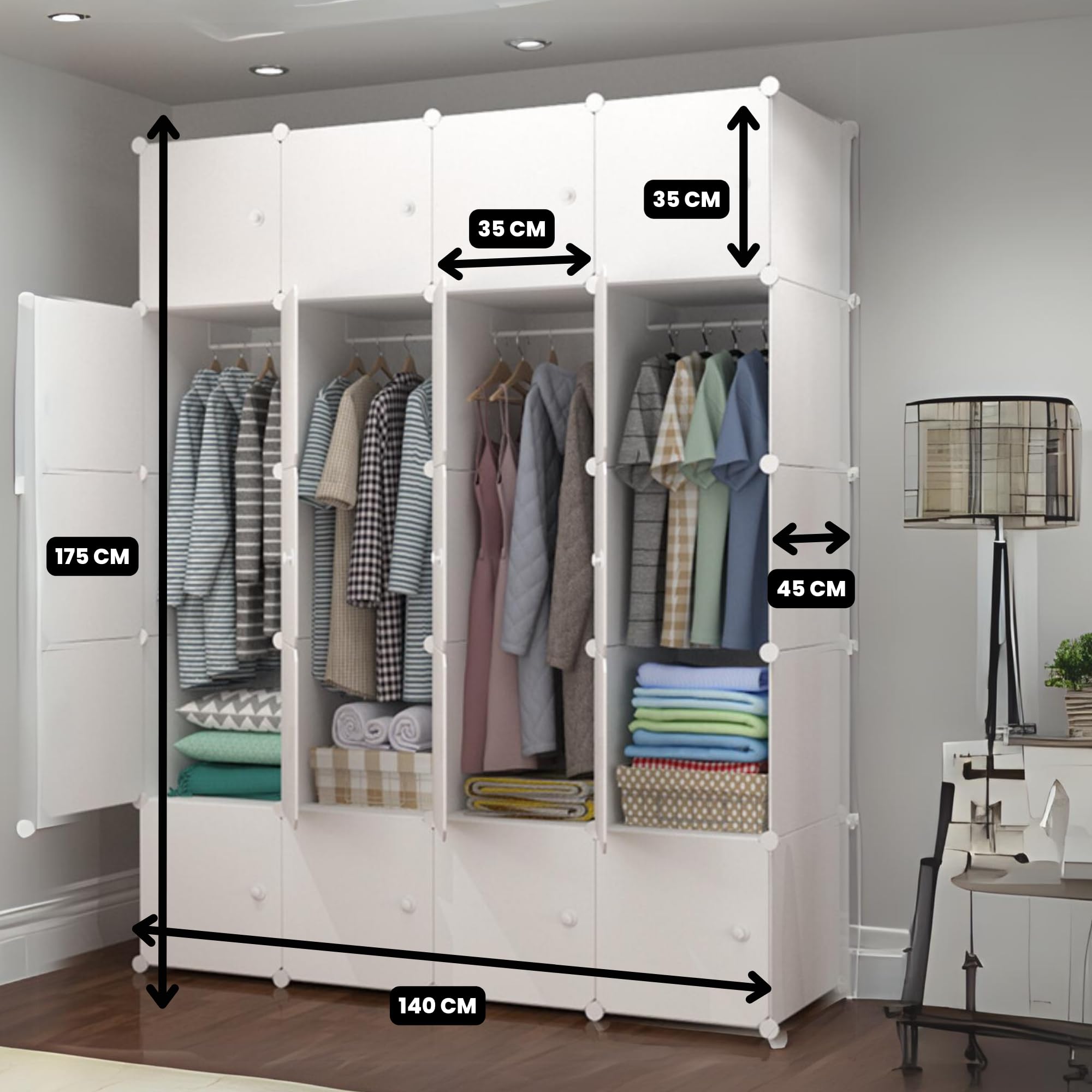 MAGIC SELECT Armadio modulare, Scaffalatura Modulare, Armadio Organizzatore Modulare per Abiti per la Casa, Ripiano Portaoggetti per Camera da Letto, 20 Moduli, 4 Barre, 175x140 cm, Bianco