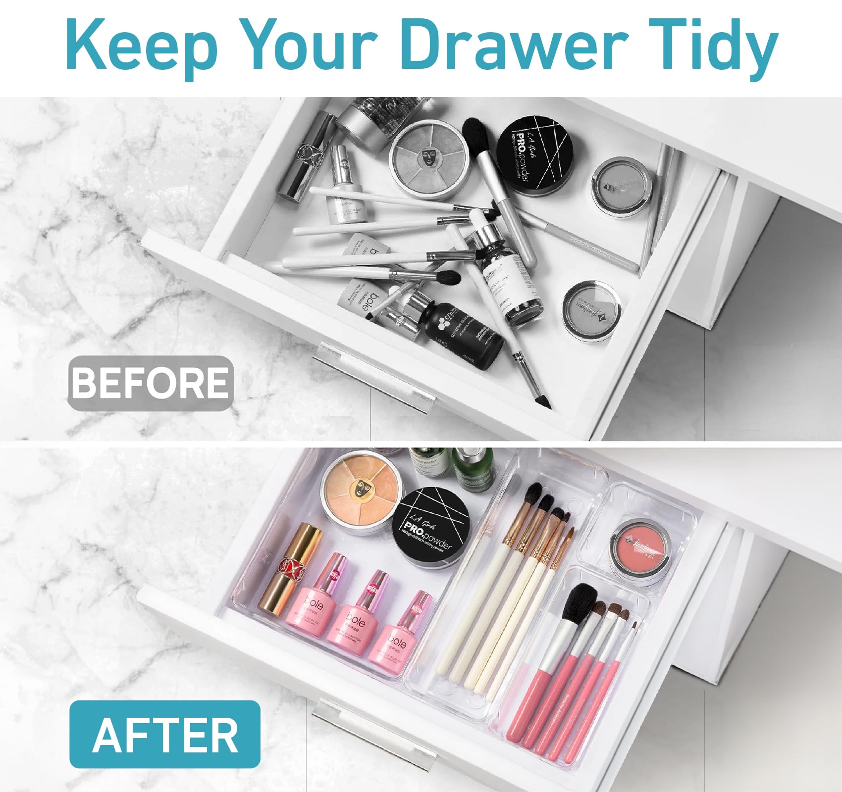 Ilauke - Set De 20 Boîtes De Rangement Transparentes Pour Tiroir | 5 Tailles | Organisateur Modulable Pour Cuisine, Maquillage, Bureau