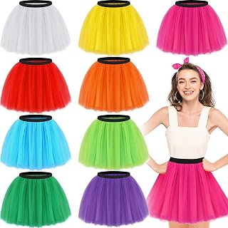 9 Pcs Colored Tutus for Women 4 Layered Tulle Tutu Skirt Elastic Classic Bulk Tutu for 80s Girl Halloween Costume