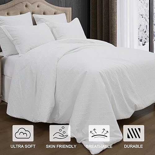 Miniatura 3 de PHF Juego de edredón de algodón tamaño King, juego de edredón con textura de matelasse de 3 piezas para todas las estaciones, cómodo y acogedor