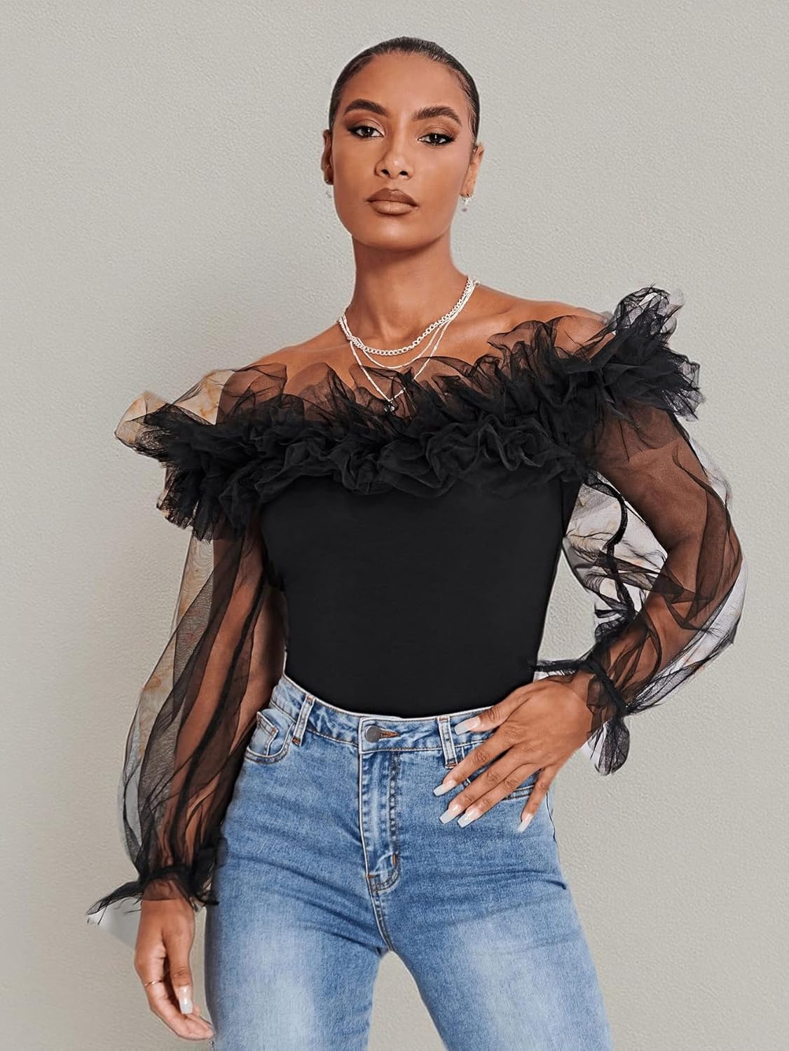 OYOANGLE Women's Ruffle Off Shoulder Blouse Mesh Puff Sleeve Party Tops Fitted Tee Shirt - Image 7