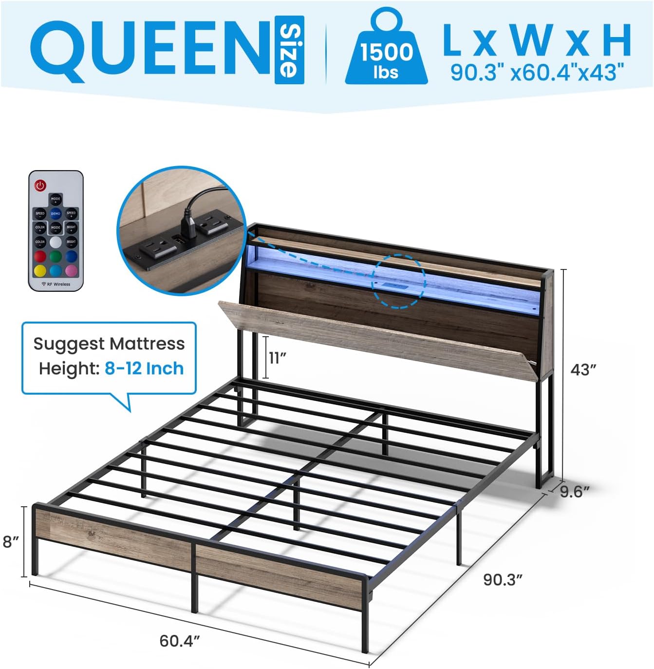 BedStory Bed Frame Queen Size with Charging Station, LED Bed Frame with Wood Storage Headboard, Ergonomic Headboard with Under Bed Storage, No Box Spring Needed, Noise Free Easily Assembly - Image 2