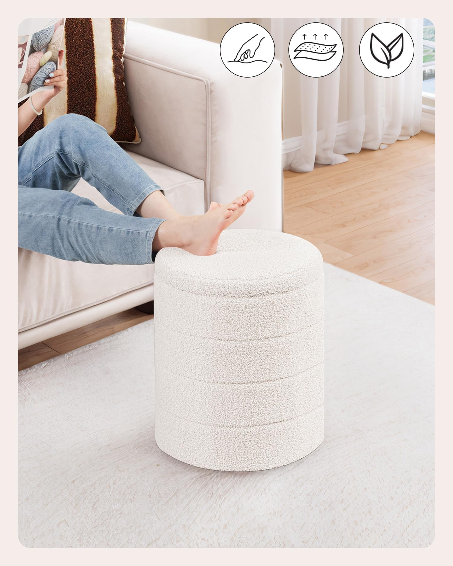PINPLUS Sgabello Pouf Contenitore, Cassapanca Rotondo Ottomano con Contenitore, Pieghevole Poggiapiedi in Teddy 37x37x45 cm, per Soggiorno, Camera da Letto e Corridoio, Bianco