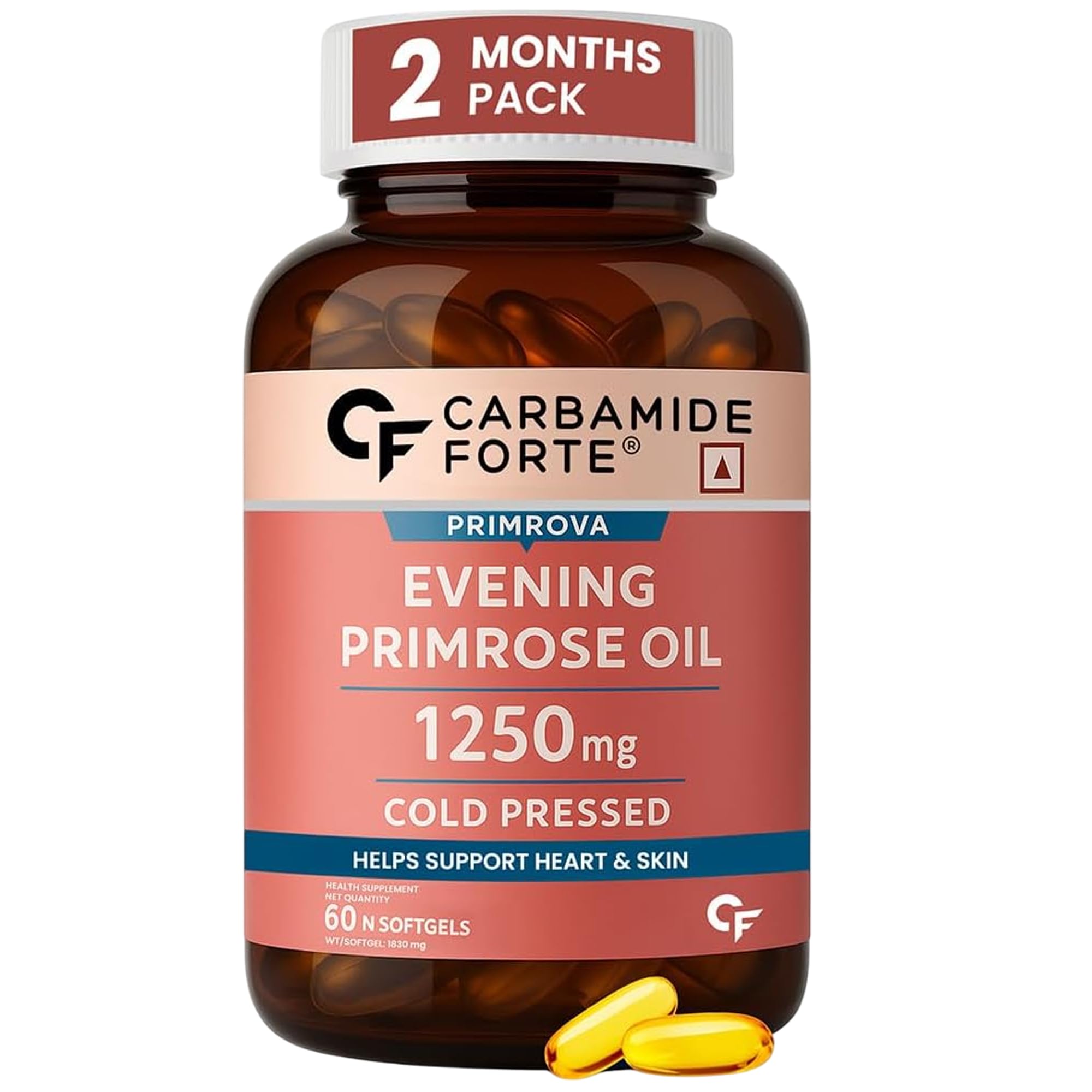 Carbamide Forte Primrose Oil Capsules 1250mg For Heart Health | Pure Evening Primrose Oil Supplement For Men And Women | Hexane & Paraben Free EPO with 10% GLA – 60 Capsules